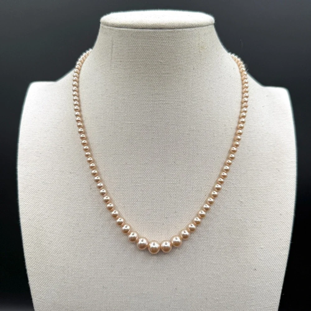 Peach Faux Pearl Graduated Necklace Ornate Clasp Coquette Bridal Jewelry Gift